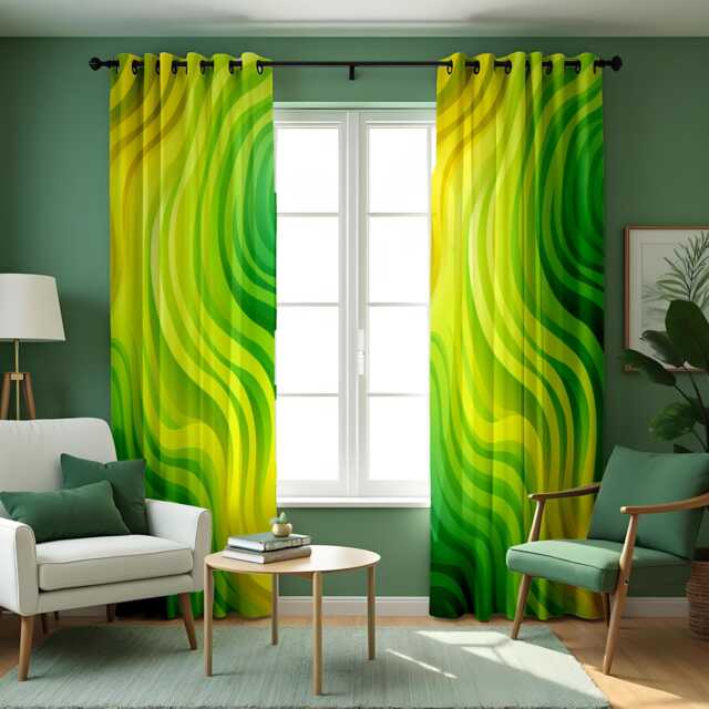 Modern Abstract Curtains, Green Yellow Flowing Wave Design Drapes, Custom Made Window Panels For Bold Contemporary Interiors - image 1