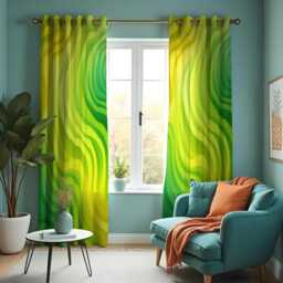 Modern Abstract Curtains, Green Yellow Flowing Wave Design Drapes, Custom Made Window Panels For Bold Contemporary Interiors - thumbnail 2
