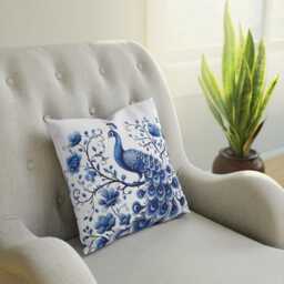 Cushion, Delft Blue Pillow, Peacock, Boho Chic, Bird Decor, Cozy Home, & White Peacock Pillow, Decor, Lover - thumbnail 3