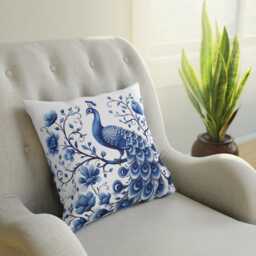 Cushion, Delft Blue Pillow, Peacock, Boho Chic, Bird Decor, Cozy Home, & White Peacock Pillow, Decor, Lover - thumbnail 4
