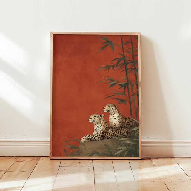 Vintage Japanese Leopard Poster - Exotic Big Cat Wall Art Traditional Zen Bamboo Forest Illustration Retro Red Botanical Paper Print - image 1