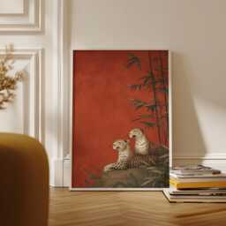 Vintage Japanese Leopard Poster - Exotic Big Cat Wall Art Traditional Zen Bamboo Forest Illustration Retro Red Botanical Paper Print - thumbnail 2