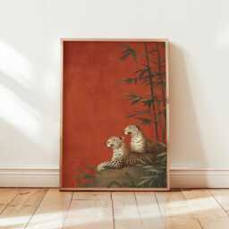 Vintage Japanese Leopard Poster - Exotic Big Cat Wall Art Traditional Zen Bamboo Forest Illustration Retro Red Botanical Paper Print - thumbnail 1