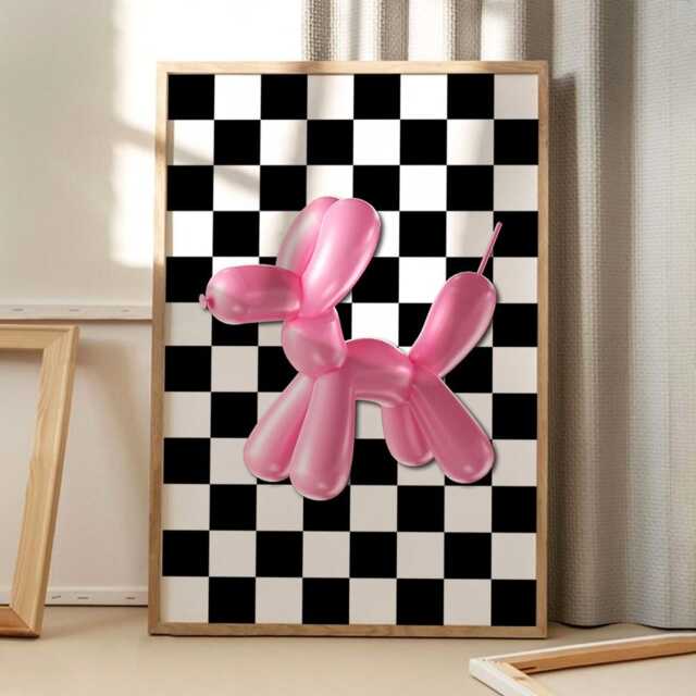 Pink Balloon Dog Checkered Art Canvas Poster, Trendy Wall Art, Apartment Aesthetic Decor, Retro Home Printed Gift - image 1