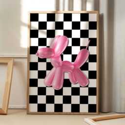 Pink Balloon Dog Checkered Art Canvas Poster, Trendy Wall Art, Apartment Aesthetic Decor, Retro Home Printed Gift - thumbnail 1