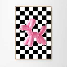 Pink Balloon Dog Checkered Art Canvas Poster, Trendy Wall Art, Apartment Aesthetic Decor, Retro Home Printed Gift - thumbnail 2