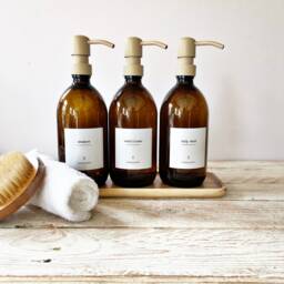 New Amber Glass Refillable Bottle 500Ml - Waterproof Label & Stainless Steel Pump, Soap Dispenser