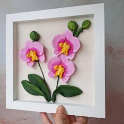 3D Orchid Wall Art, Framed Plaster Flowers, Handmade Floral Decor, Botanical Home Office Unique Lover Gift, 8x8 Shadow Box - thumbnail 4
