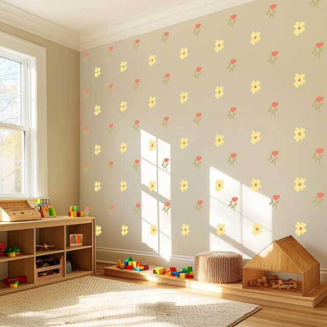 Yellow Flower Wall Decals For Nursery, Boho Floral Stickers, Neutral Girls Bedroom Decor, Peel & Stick Nursery - image 1