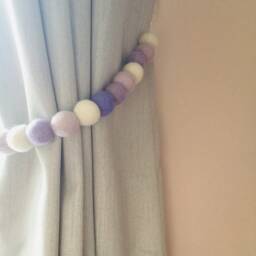 Pastel Lilac Felt Ball Curtain Tie Back Rainbow Pom Decor - thumbnail 2