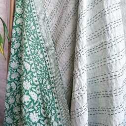 Kantha Stitch Cotton Reversible Bed/Sofa Throw King Size Floral Indian Dohar Elegant Spring Pastel Green White Oriental Ginkgo Fan Stripe - thumbnail 3