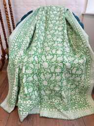 Kantha Stitch Cotton Reversible Bed/Sofa Throw King Size Floral Indian Dohar Elegant Spring Pastel Green White Oriental Ginkgo Fan Stripe - thumbnail 1