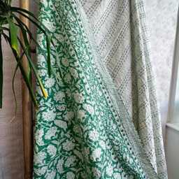 Kantha Stitch Cotton Reversible Bed/Sofa Throw King Size Floral Indian Dohar Elegant Spring Pastel Green White Oriental Ginkgo Fan Stripe - thumbnail 2
