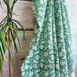 Kantha Stitch Cotton Reversible Bed/Sofa Throw King Size Floral Indian Dohar Elegant Spring Pastel Green White Oriental Ginkgo Fan Stripe - thumbnail 4