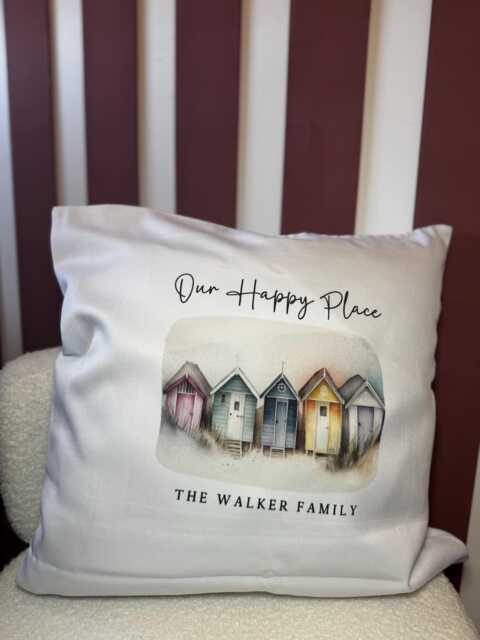 Personalised Beach Hut Cushion Family Name - New Home Gift - image 1