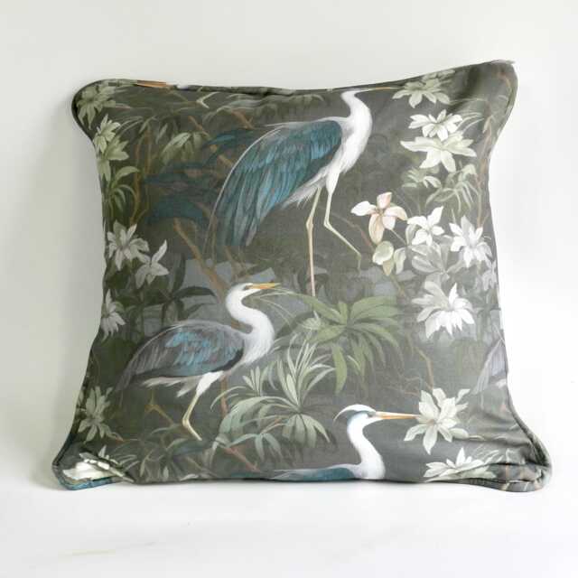 Heron Cushion Cover Dark Green Floral Bird Print, Handmade Cotton Throw Pillow - image 1