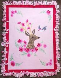 Deer & Bird With Beautiful Pink Flowers Fleece Tie Blanket - thumbnail 1