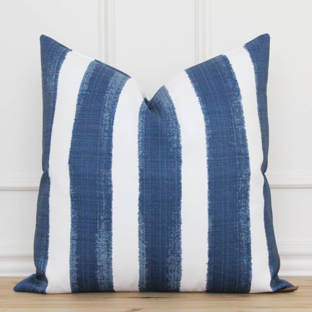 Blue & White Stripe Outdoor Pillow Cover Navy Watercolor Cushion Patio Covers - Pax - image 1