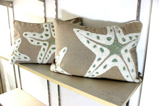 100 Pc Wholesale Chambray Embroidered Starfish Coastal Beaded Cushion Cover - image 1