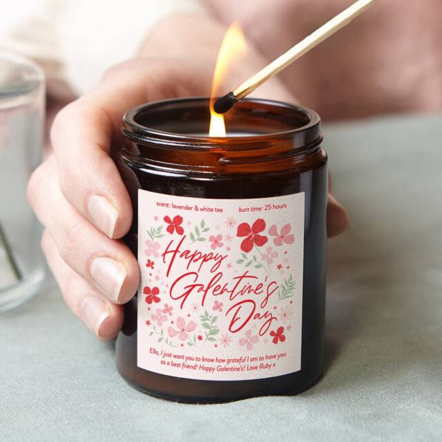 Personalised Galentine's Day Candle Apothecary Jar, Soy Wax, Floral Label - image 1