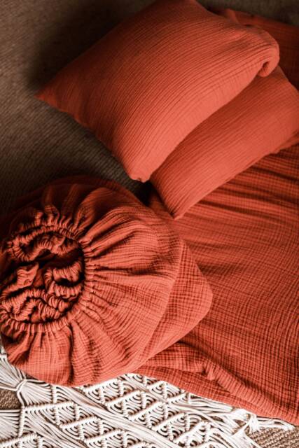 Bed Sheets. Fitted Sheet. Muslin Bedding Boho Bedding. Linen. Sheet With Elastic. The Color Of The Sheet Is Cinnamon-Terracotta - image 1