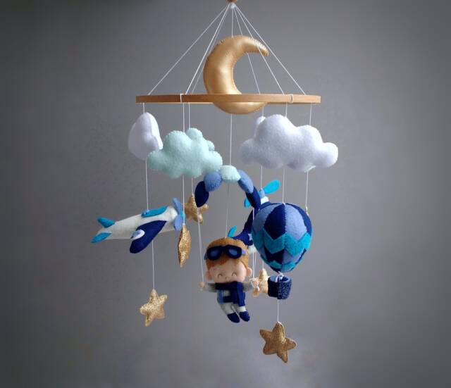 Airplane Baby Mobile Felt Pilot, Adventure Nursery Decor - image 1
