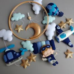 Airplane Baby Mobile Felt Pilot, Adventure Nursery Decor - thumbnail 3