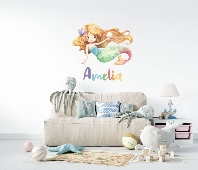 Personalised Mermaid Wall Sticker , Art Girls Bedroom Decor Nursery Underwater Theme Baby Room - image 1