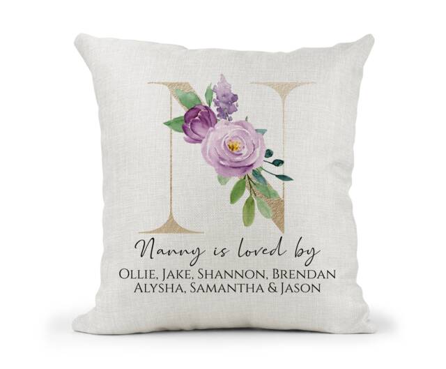 Personalised Nanny Cushion Loved By Grandchildren's Names Gold Purple Floral Birthday Gift/ 50Th 60Th 70Th 80Th 90Th, Christmas - image 1
