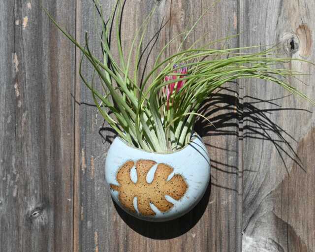 Handmade Light Blue Ceramic Wall Vase, Leaf Design, Air Plant Holder - image 1