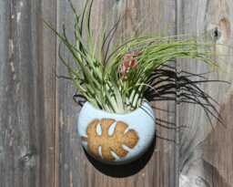 Handmade Light Blue Ceramic Wall Vase, Leaf Design, Air Plant Holder - thumbnail 1