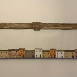 Large Driftwood Mirror With Hand-Painted Houses, Steampunk Design - thumbnail 2