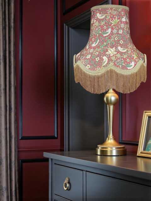 Hancrafted William Morris Strawberry Thief Fabric Lampshade Crimson Antique Gold Braid Fringe - Bespoke UK Handmade - image 1