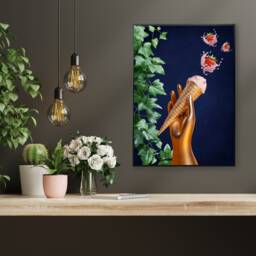 Quirky Strawberry Ice Cream Art Print On Navy Background - Eclectic Kitchen Wall Decor - thumbnail 1