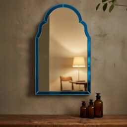 Blue Glass Arch Wall Mirror H80cm - Decorative Vintage Art Deco Style Hallway Living Room Bedroom Decor