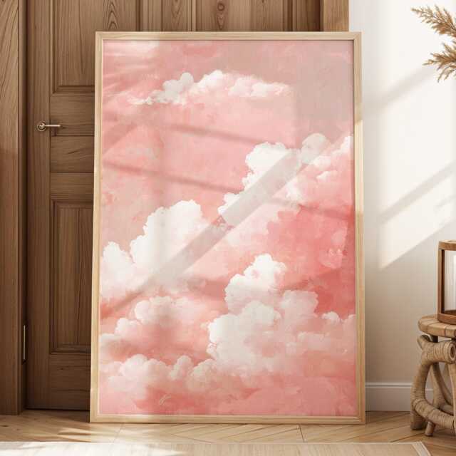 Blush Pink Cloud Wall Art Dream Sky Painting Pastel Cloudscape Large Room Decor Framed Boho Nursery Moon Poster Print - image 1