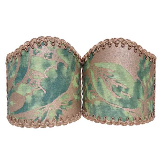 Pair Of Wall Sconce Clip-On Shield Shades Fortuny Fabric Green & Silvery Gold Olimpia Pattern Mini Lampshade - Handmade in Italy - image 1