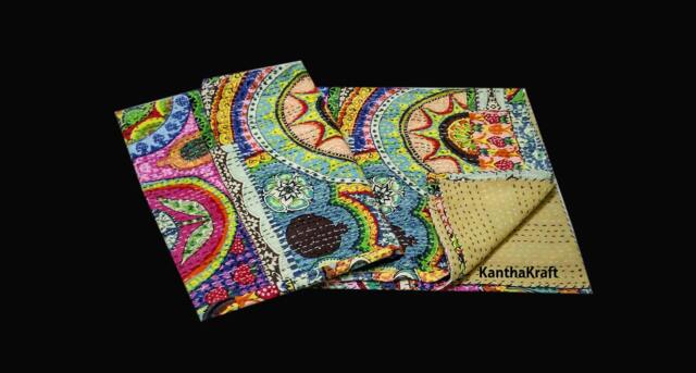 Lovely Queen Size Handmade Quilt, Bed-Cover, Bedspread, Blanket, Coverlet, Throw, Kantha Quilt, 100% Cotton, Vintage Indian Art Hand Block Print - image 1