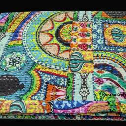 Lovely Queen Size Handmade Quilt, Bed-Cover, Bedspread, Blanket, Coverlet, Throw, Kantha Quilt, 100% Cotton, Vintage Indian Art Hand Block Print - thumbnail 2