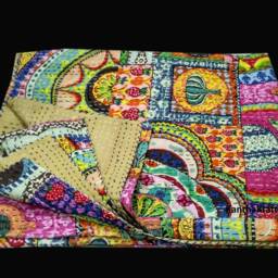 Lovely Queen Size Handmade Quilt, Bed-Cover, Bedspread, Blanket, Coverlet, Throw, Kantha Quilt, 100% Cotton, Vintage Indian Art Hand Block Print - thumbnail 3