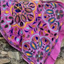 Velvet Suzani Throw - Pink Boho Embroidered Couch Blanket - thumbnail 2