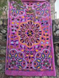 Velvet Suzani Throw - Pink Boho Embroidered Couch Blanket - thumbnail 1