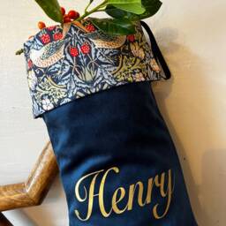 Luxury Velvet William Morris Strawberry Thief Personalised Christmas Stocking - thumbnail 3