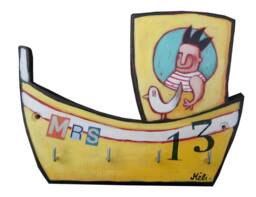 "Painted Wooden Key Hanger ""Fishing Boat"