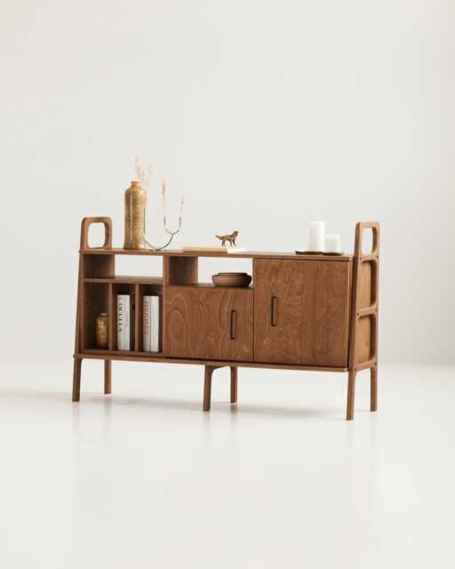 Mid Century Credenza 143 cm With Vinyl Bay, Open Shelf & Cabinet, Wide Sideboard Buffet, Wooden Media Console, Handmade - image 1