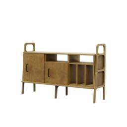 Mid Century Credenza 143 cm With Vinyl Bay, Open Shelf & Cabinet, Wide Sideboard Buffet, Wooden Media Console, Handmade - thumbnail 4