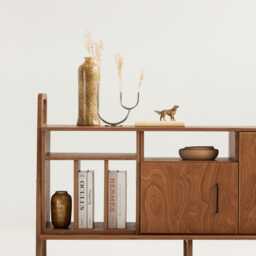 Mid Century Credenza 143 cm With Vinyl Bay, Open Shelf & Cabinet, Wide Sideboard Buffet, Wooden Media Console, Handmade - thumbnail 2