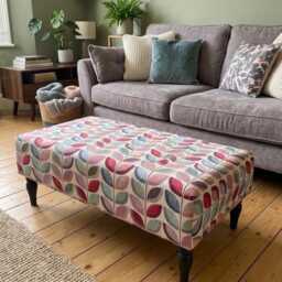 Large Handmade Footstool, Upholstered Ottoman, Padded Stool, Flat Top, Fabric Colours & Hardwood Legs Options - thumbnail 1