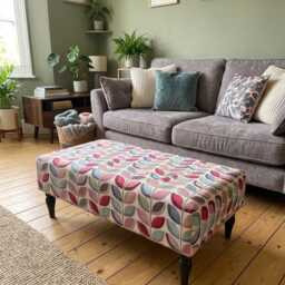 Large Handmade Footstool, Upholstered Ottoman, Padded Stool, Flat Top, Fabric Colours & Hardwood Legs Options - thumbnail 1