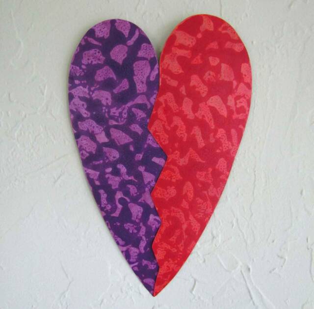 Recycled Metal Heart Wall Art Sculpture Red, Orange, Purple - 8x14 - image 1